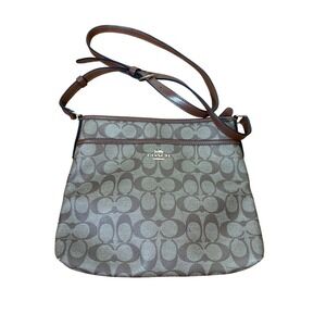 Coach Signature File Canvas Crossbody Bag Brown Tan Khaki‎ Leather Trim